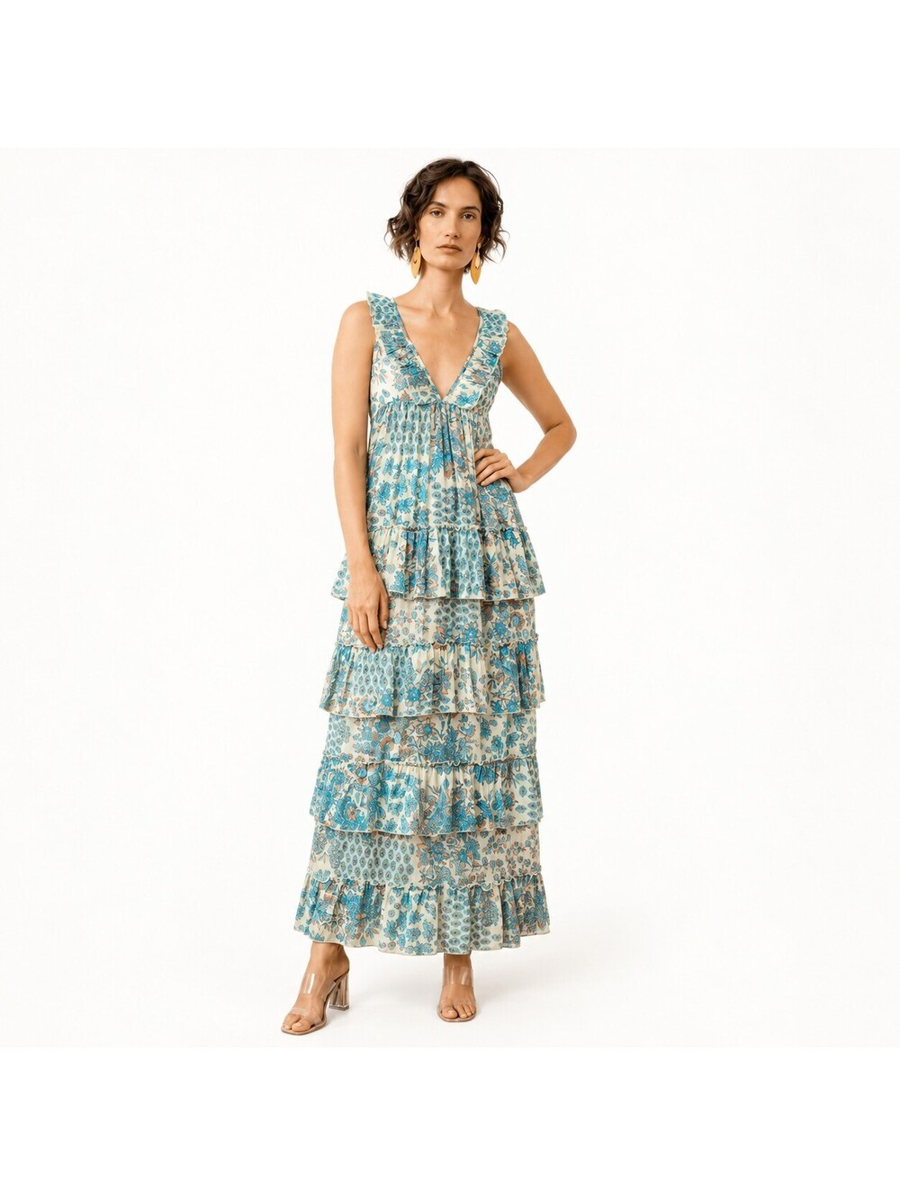 NWT Guadalupe Kiliman Blue Floral Tiered V-Neck Maxi Dress Size Small
